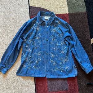 Vintage 90s Koret City Blues Shirt Denim Floral Button Up Embroidered Western